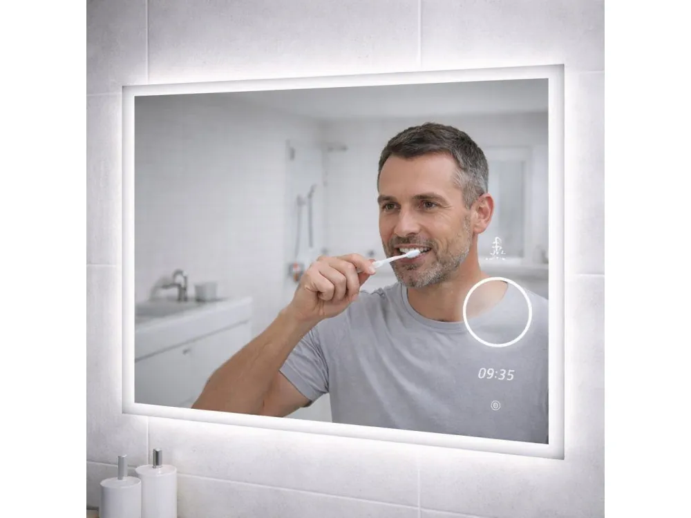 LED zrcadlo TIME 80x65 cm chytré osvětlení hodiny a kosmetické zrcátko Doprava Zdarma