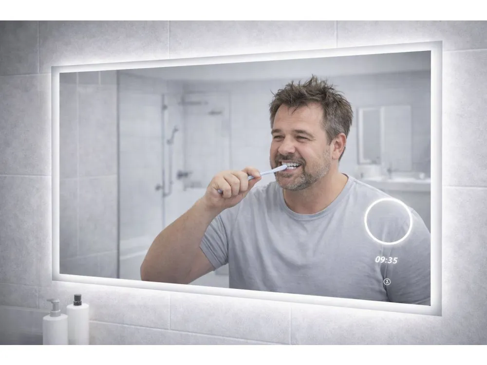 LED zrcadlo TIME 120x65 cm s hodinami a kosmetickým zrcátkem Ihned K Objednání