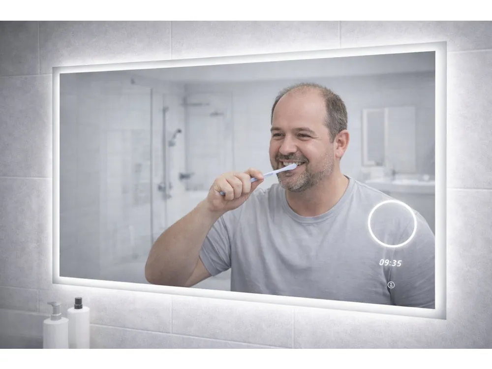 LED zrcadlo TIME 140x65 cm s hodinami a kosmetickým zrcátkem Tovární Cena