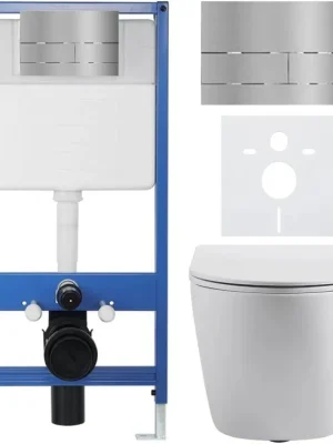 Značkový CERANO - Kompletní podomítkový WC set Lite/Cesso - bílá matná - WC tlačítko Line, nerez - předstěnová instalace - 49x36 cm