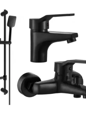 Vysoce Kvalitní MEXEN | CARO | sprchov&aacute; baterie s př&iacute;slu&scaron;enstv&iacute;m+umyvadlov&aacute; stoj&aacute;nkov&aacute; baterie | čern&aacute; mat