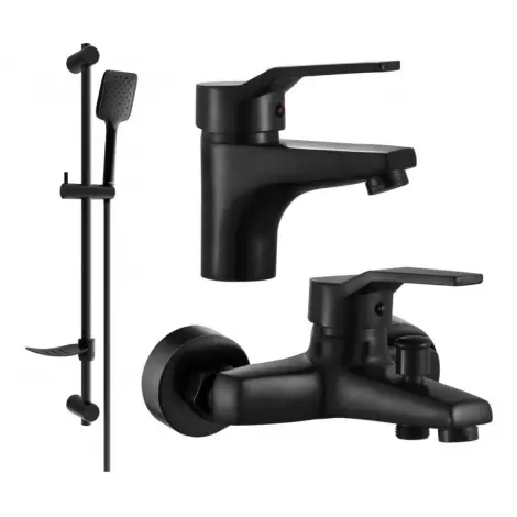 Vysoce Kvalitní MEXEN | CARO | sprchov&aacute; baterie s př&iacute;slu&scaron;enstv&iacute;m+umyvadlov&aacute; stoj&aacute;nkov&aacute; baterie | čern&aacute; mat