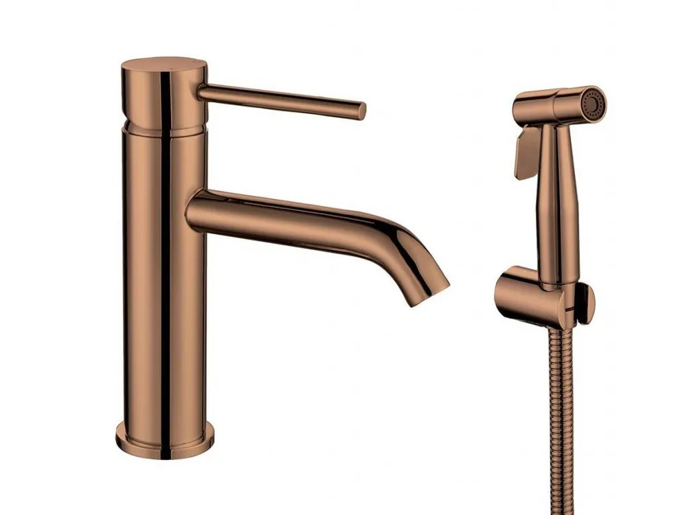 Novinka RHAPSODY stojánková umyvadlová baterie s bidetovou sprchou, měď mat