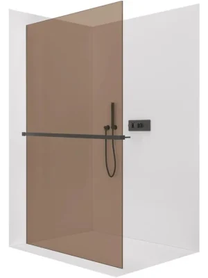 Značkový CERANO - Sprchová zástěna Walk-in Crystal L/P - 8 mm + polička/držák na ručníky - bezvzpěrový systém - černá matná, bronzové sklo - 110x200 cm