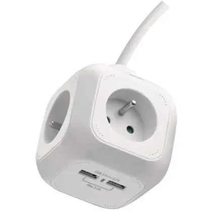 Prodlužovací kabel - kostka 1,9 m / 4 zásuvky / bílý / PVC / s USB / 1 mm2 Cenově Výhodný