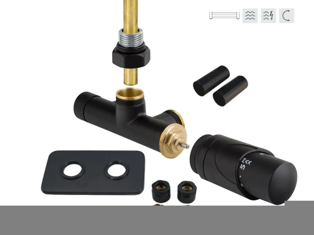 ONE-SADA, 1-bodový ventil s hlavicí+svěrné šroub.Cu+Al-Pex, mosaz.rozeta+krycí trubičky,černá barva Značkový