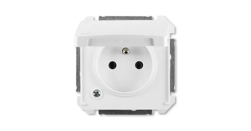 ABB 5518G-A02989 B Swing®L Zásuvka jednonásobná s clonkami a víčkem IP44 jasně bílá (bílé víčko) Ověřený